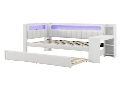Sofá-cama estofado 90x200 cm - com portas USB e LED - com cama de baixo e escrivaninha - branco (sem colchão)