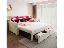 Sofá-cama estofado 90x190 cm - Iluminação LED - com porta de carregamento - duas gavetas - somier de ripas - veludo - bege