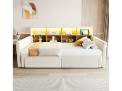 Sofá-cama estofado 90x190 cm - Iluminação LED - com porta de carregamento - duas gavetas - somier de ripas - veludo - bege