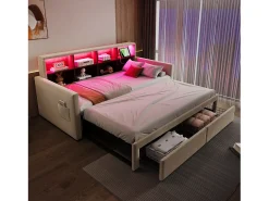 Sofá-cama estofado 90x190 cm - Iluminação LED - com porta de carregamento - duas gavetas - somier de ripas - veludo - bege