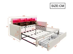 Sofá-cama estofado 90x190 cm - Iluminação LED - com porta de carregamento - duas gavetas - somier de ripas - veludo - bege