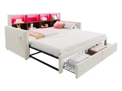 Sofá-cama estofado 90x190 cm - Iluminação LED - com porta de carregamento - duas gavetas - somier de ripas - veludo - bege