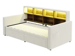 Sofá-cama estofado 90x190 cm - Iluminação LED - com porta de carregamento - duas gavetas - somier de ripas - veludo - bege