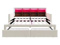 Sofá-cama estofado 90x190 cm - Iluminação LED - com porta de carregamento - duas gavetas - somier de ripas - veludo - bege