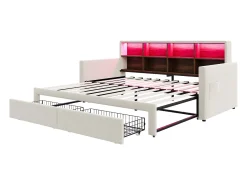 Sofá-cama estofado 90x190 cm - Iluminação LED - com porta de carregamento - duas gavetas - somier de ripas - veludo - bege