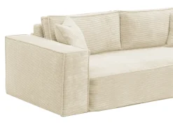 Sofá-cama express AMELIA de 4 lugares em veludo cotelê bege, 160 cm, colchão de espuma viscoelástica de 13 cm.