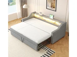 Sofá-cama extensível 90/180 x 190 cm, iluminação LED e ficha USB, cinzento claro