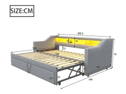 Sofá-cama extensível 90/180 x 190 cm, iluminação LED e ficha USB, cinzento claro