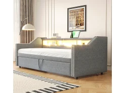 Sofá-cama extensível 90/180 x 190 cm, iluminação LED e ficha USB, cinzento claro