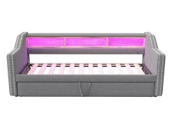 Sofá-cama extensível 90/180 x 190 cm, iluminação LED e ficha USB, cinzento claro