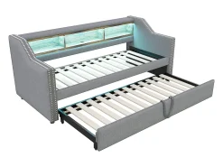 Sofá-cama extensível 90/180 x 190 cm, iluminação LED e ficha USB, cinzento claro