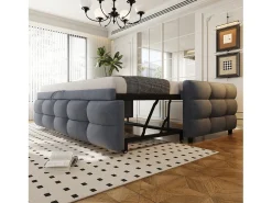 Sofá-cama extensível estofado - 90/180 x 190 cm - com base ripada - veludo - cinza
