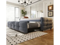 Sofá-cama extensível estofado - 90/180 x 190 cm - com base ripada - veludo - cinza