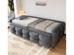 Sofá-cama extensível estofado - 90/180 x 190 cm - com base ripada - veludo - cinza