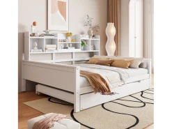 Sofá-cama extensível 140x200 cm com cama auxiliar 90x190 cm – madeira de pinho, estrado e baú de arrumação – cama multifuncional branca (sem colchão)