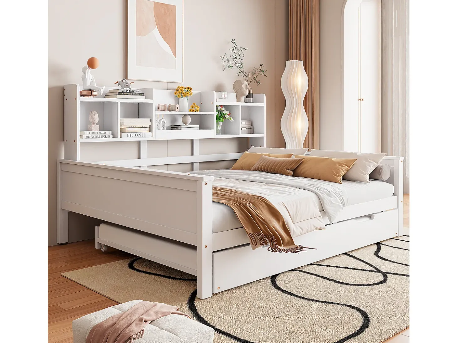 Sofá-cama extensível 140x200 cm com cama auxiliar 90x190 cm – madeira de pinho, estrado e baú de arrumação – cama multifuncional branca (sem colchão)
