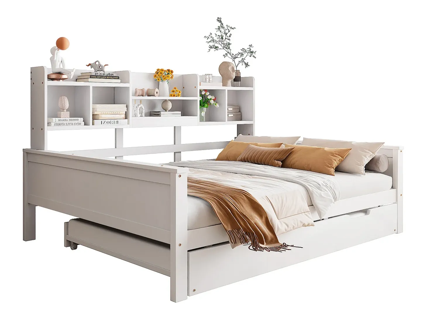 Sofá-cama extensível 140x200 cm com cama auxiliar 90x190 cm – madeira de pinho, estrado e baú de arrumação – cama multifuncional branca (sem colchão)