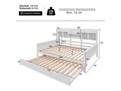 Sofá-cama extensível 140x200 cm com cama auxiliar 90x190 cm – madeira de pinho, estrado e baú de arrumação – cama multifuncional branca (sem colchão)