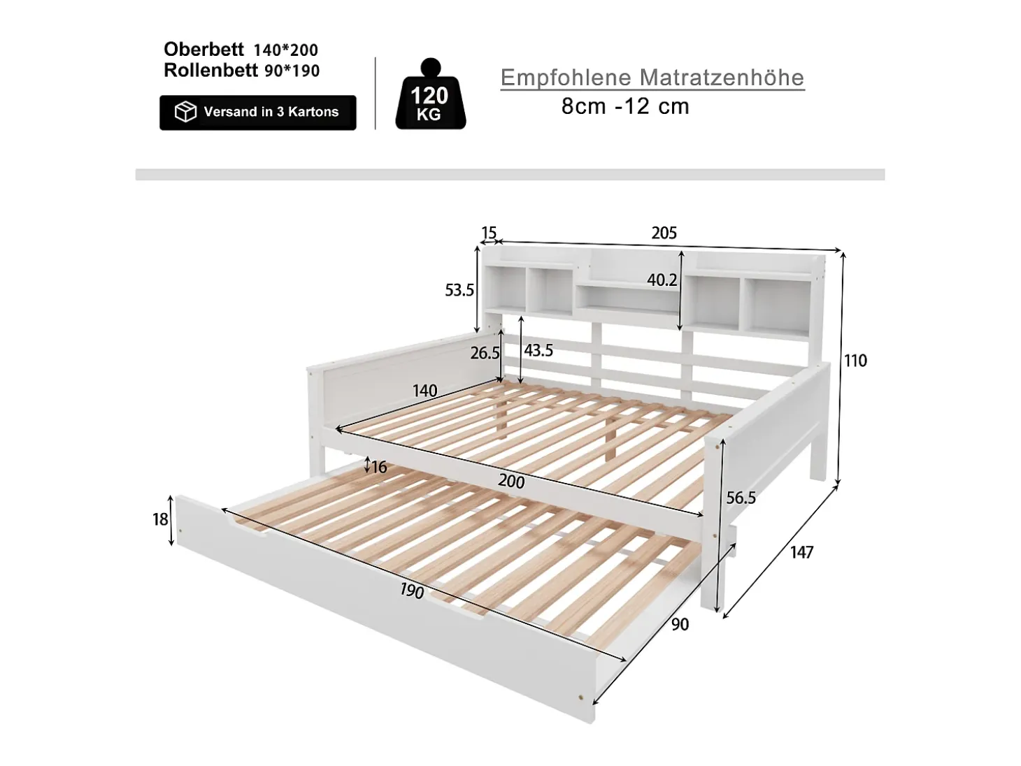 Sofá-cama extensível 140x200 cm com cama auxiliar 90x190 cm – madeira de pinho, estrado e baú de arrumação – cama multifuncional branca (sem colchão)