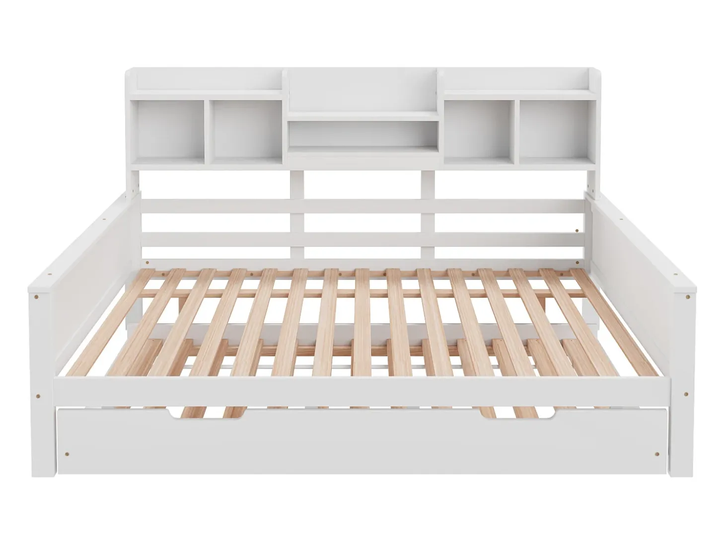 Sofá-cama extensível 140x200 cm com cama auxiliar 90x190 cm – madeira de pinho, estrado e baú de arrumação – cama multifuncional branca (sem colchão)