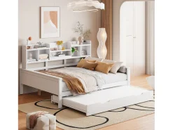 Sofá-cama extensível 140x200 cm com cama auxiliar 90x190 cm – madeira de pinho, estrado e baú de arrumação – cama multifuncional branca (sem colchão)