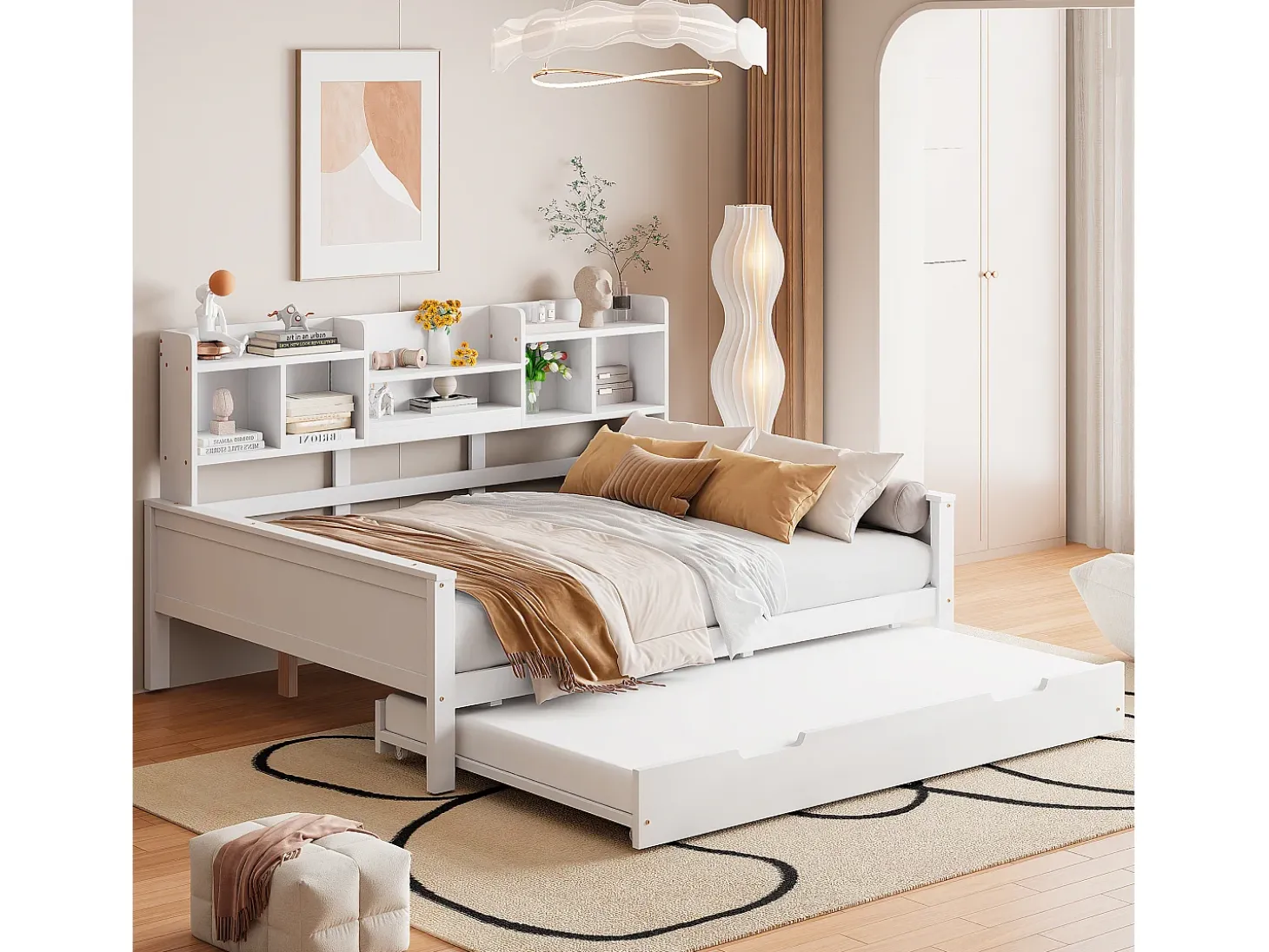 Sofá-cama extensível 140x200 cm com cama auxiliar 90x190 cm – madeira de pinho, estrado e baú de arrumação – cama multifuncional branca (sem colchão)