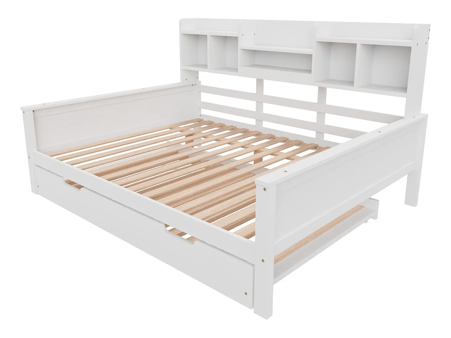 Sofá-cama extensível 140x200 cm com cama auxiliar 90x190 cm – madeira de pinho, estrado e baú de arrumação – cama multifuncional branca (sem colchão)