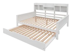 Sofá-cama extensível 140x200 cm com cama auxiliar 90x190 cm – madeira de pinho, estrado e baú de arrumação – cama multifuncional branca (sem colchão)
