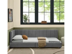 Sofá-cama individual 90x200cm com costas altas, estrado de ripas, veludo cinzento