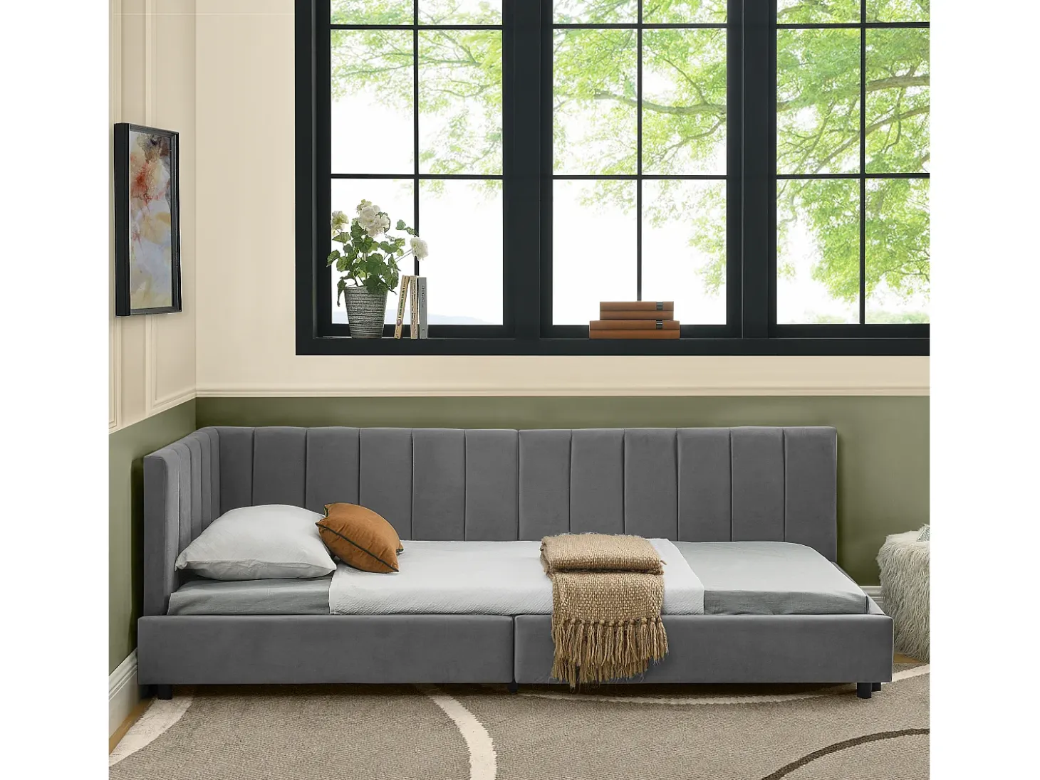 Sofá-cama individual 90x200cm com costas altas, estrado de ripas, veludo cinzento