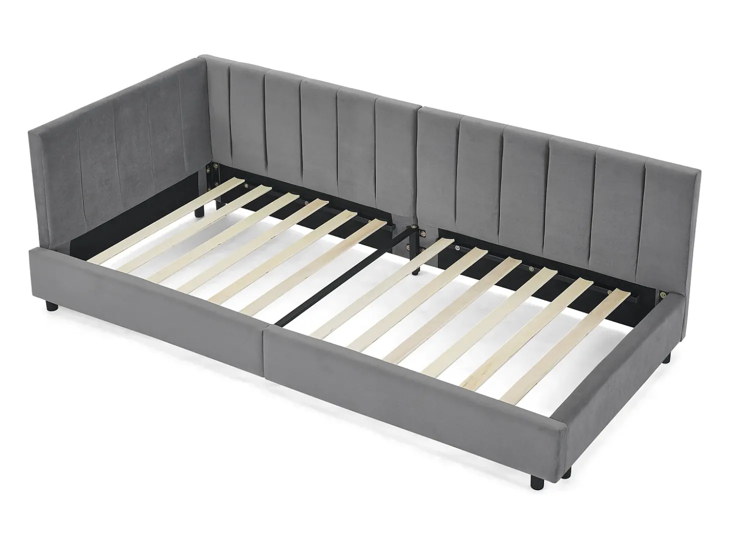 Sofá-cama individual 90x200cm com costas altas, estrado de ripas, veludo cinzento