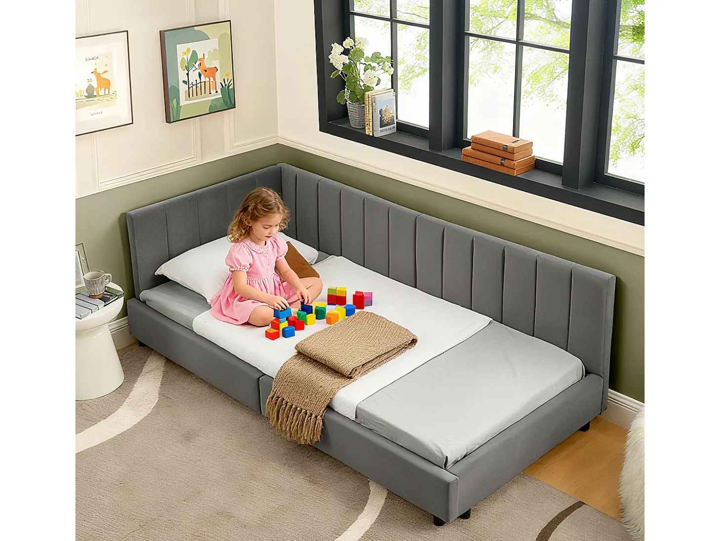 Sofá-cama individual 90x200cm com costas altas, estrado de ripas, veludo cinzento