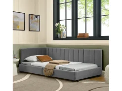 Sofá-cama individual 90x200cm com costas altas, estrado de ripas, veludo cinzento