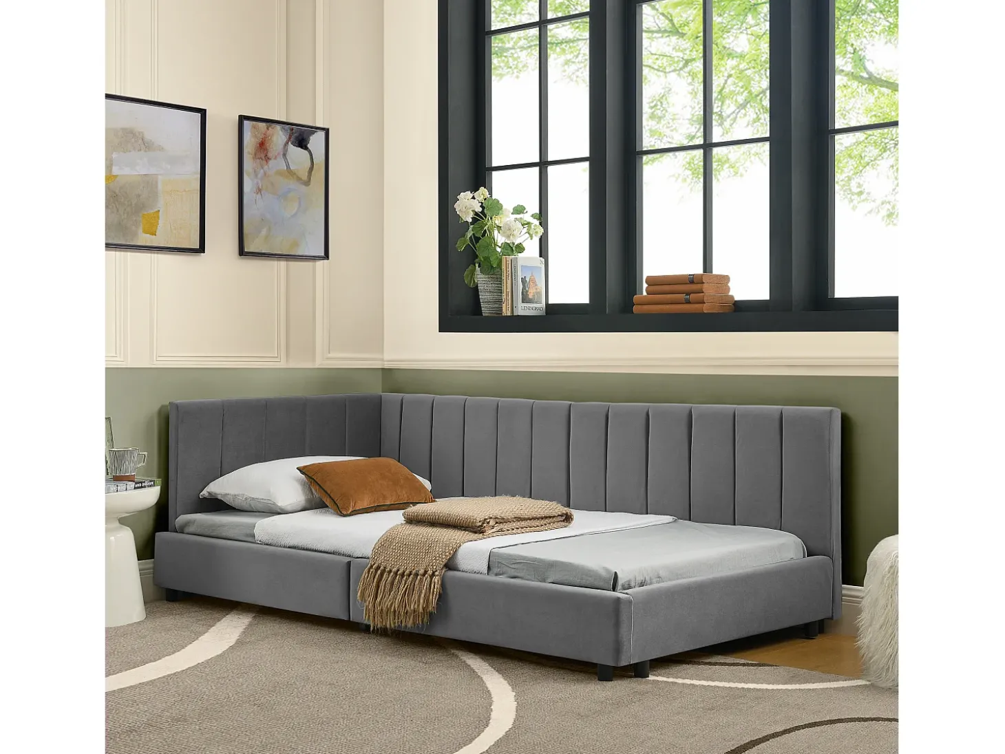 Sofá-cama individual 90x200cm com costas altas, estrado de ripas, veludo cinzento