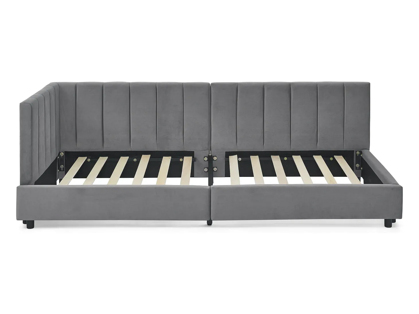 Sofá-cama individual 90x200cm com costas altas, estrado de ripas, veludo cinzento
