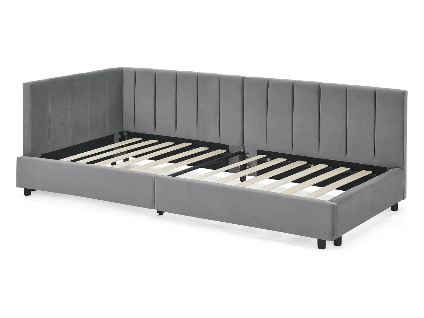 Sofá-cama individual 90x200cm com costas altas, estrado de ripas, veludo cinzento