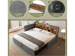 Sofá-cama infantil - 90 x 200 cm - com cama de rodízio 90 x 190 cm + arrumação + USB - linho - cinzento