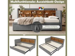 Sofá-cama infantil - 90 x 200 cm - com cama de rodízio 90 x 190 cm + arrumação + USB - linho - cinzento