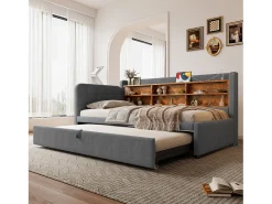 Sofá-cama infantil - 90 x 200 cm - com cama de rodízio 90 x 190 cm + arrumação + USB - linho - cinzento