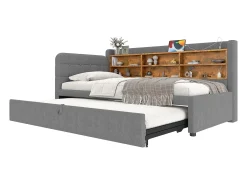 Sofá-cama infantil - 90 x 200 cm - com cama de rodízio 90 x 190 cm + arrumação + USB - linho - cinzento