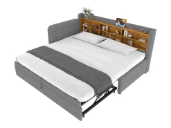 Sofá-cama infantil - 90 x 200 cm - com cama de rodízio 90 x 190 cm + arrumação + USB - linho - cinzento