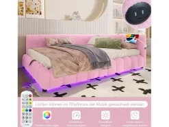 Sofá-cama infantil - 140 x 200 cm - com LEDs + armazenamento hidráulico + USB - veludo - rosa