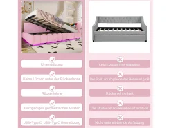 Sofá-cama infantil - 140 x 200 cm - com LEDs + armazenamento hidráulico + USB - veludo - rosa