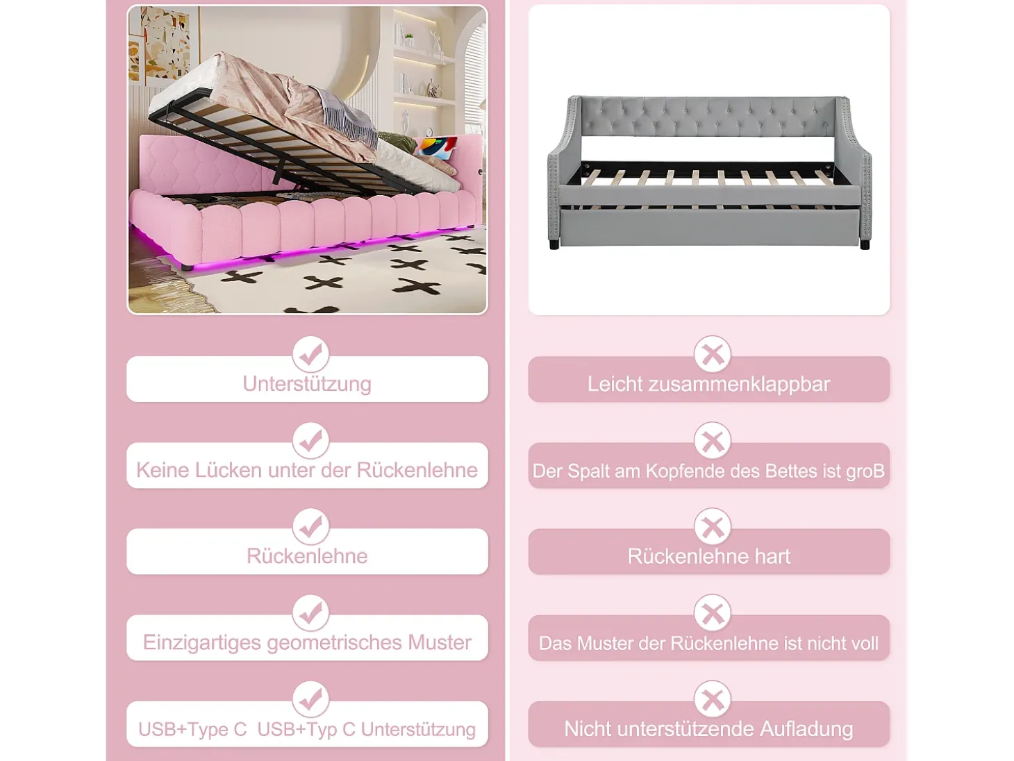Sofá-cama infantil - 140 x 200 cm - com LEDs + armazenamento hidráulico + USB - veludo - rosa