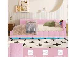 Sofá-cama infantil - 140 x 200 cm - com LEDs + armazenamento hidráulico + USB - veludo - rosa