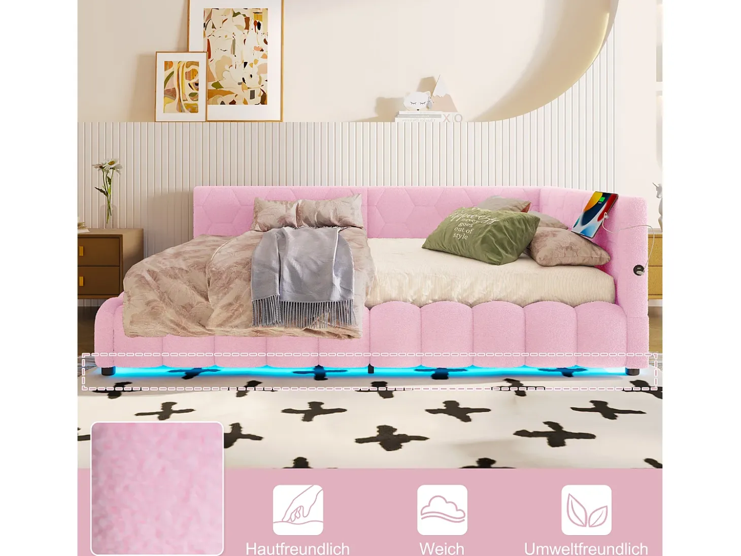 Sofá-cama infantil - 140 x 200 cm - com LEDs + armazenamento hidráulico + USB - veludo - rosa