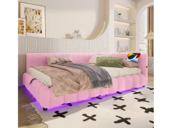 Sofá-cama infantil - 140 x 200 cm - com LEDs + armazenamento hidráulico + USB - veludo - rosa