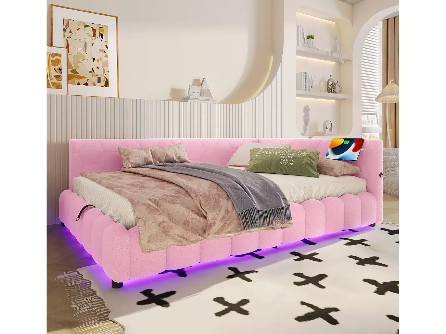 Sofá-cama infantil - 140 x 200 cm - com LEDs + armazenamento hidráulico + USB - veludo - rosa