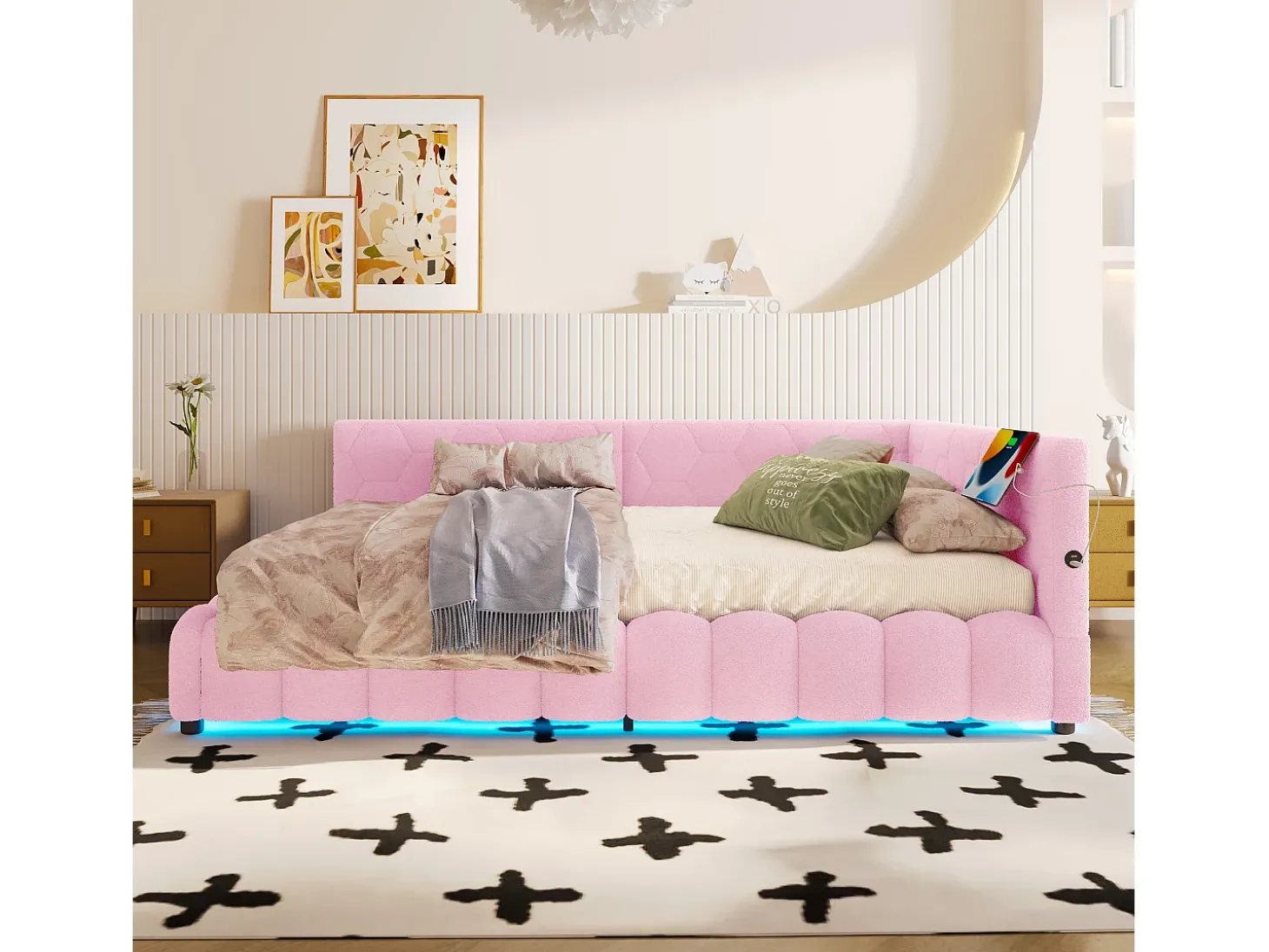 Sofá-cama infantil - 140 x 200 cm - com LEDs + armazenamento hidráulico + USB - veludo - rosa