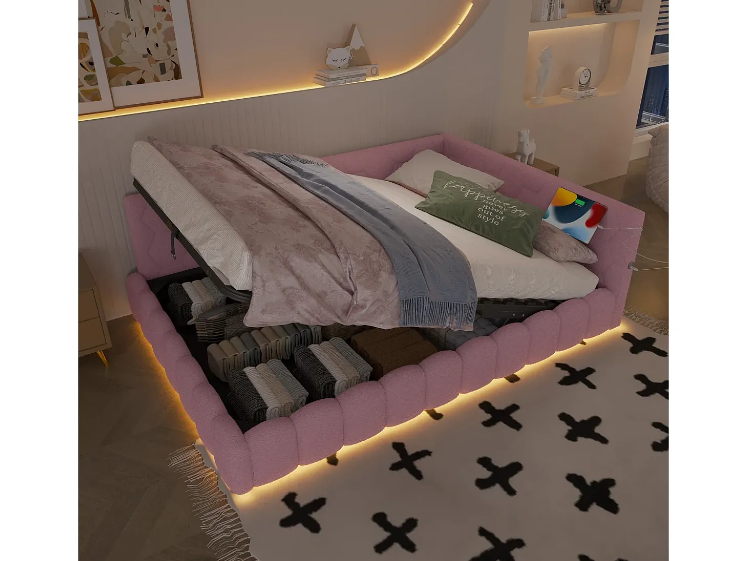 Sofá-cama infantil - 140 x 200 cm - com LEDs + armazenamento hidráulico + USB - veludo - rosa